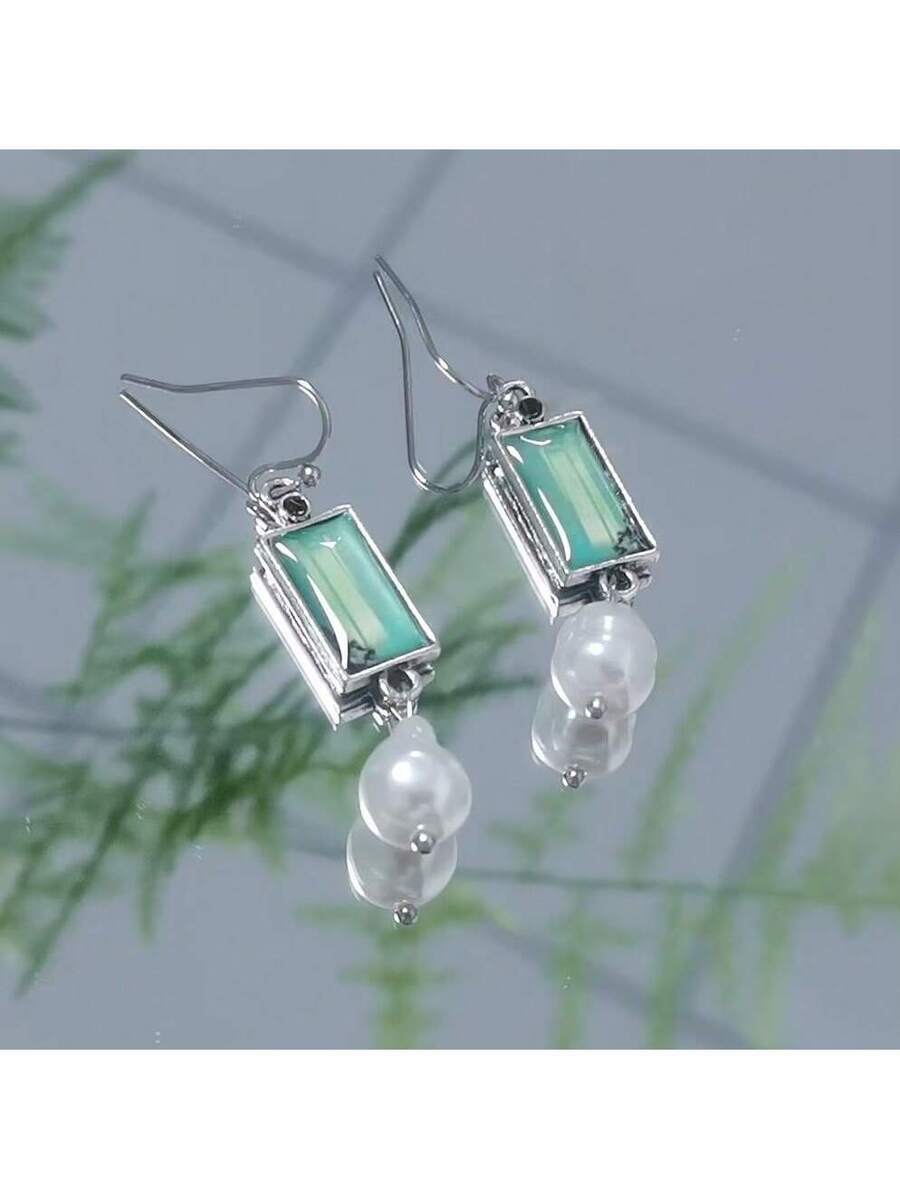 ジュエリー レディース イヤーアクセサリー ヴィンテージ 幾何学模様 グリーン 非対称 水滴型 真珠ピアス拍卖