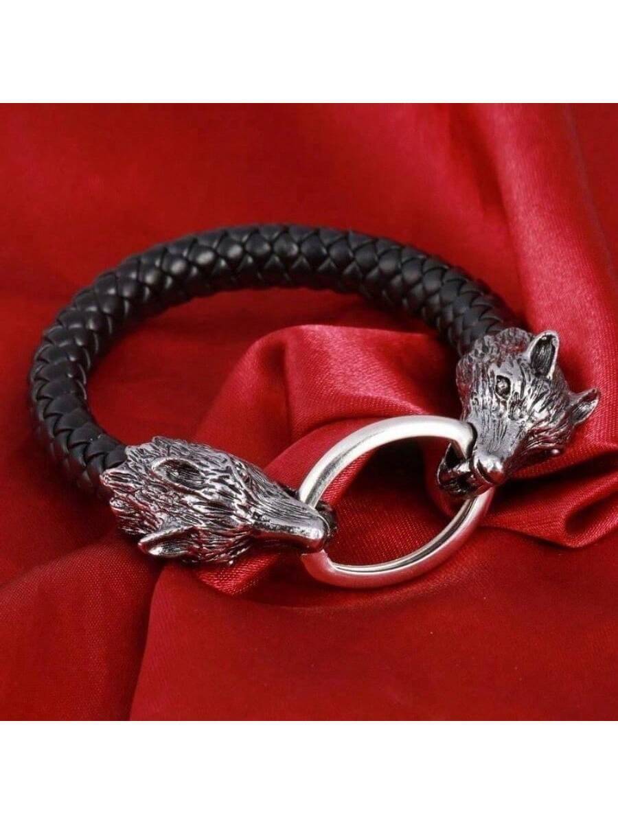 ジュエリー メンズ ブレスレット プレミアム メンズ ステンレススチール&レザー ウルフヘッド ブレスレット - ラフなチャームの拍卖