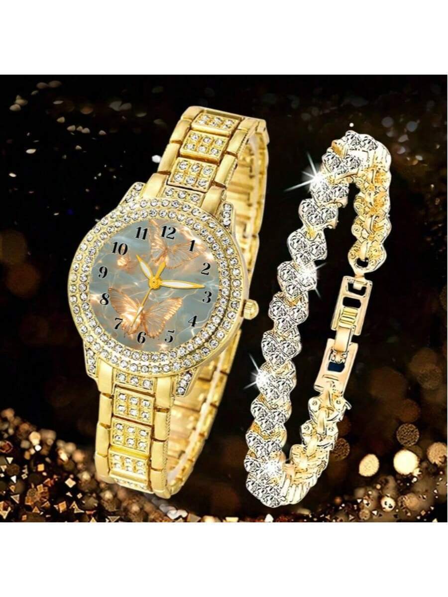 腕時計 レディース セット 2個 レディースファッションカジュアル ローマン数字ダイヤモンド付き 英国風腕時計 ジュエリーアクセサ拍卖