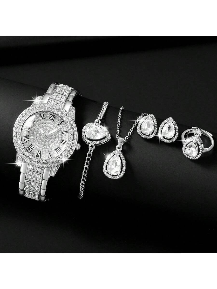 腕時計 レディース セット 1セット レディース腕時計 ジンク合金ストラップ ラインストーンデコレーション 丸型ダイヤル クォーツ拍卖