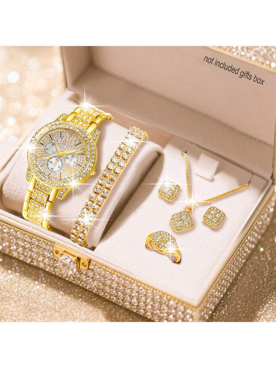 腕時計 レディース セット 女性用腕時計 1セット エレガントな石英時計とジュエリーセット、ファッション女性用ラウンド腕時計、ライ拍卖