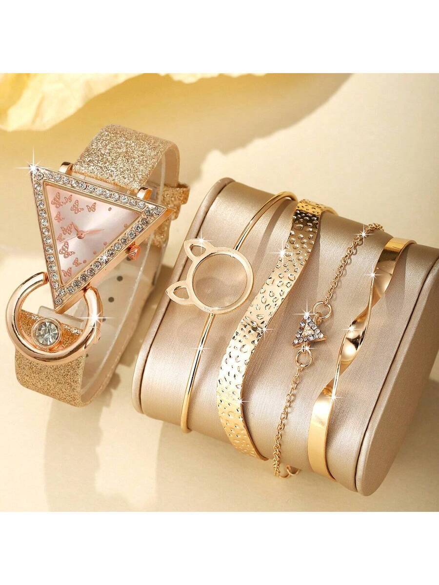 腕時計 レディース セット 1個 女性用ラインストーン付きファッションパーソナライズクォーツ腕時計 逆三角デザイン + 3点ジュエ拍卖