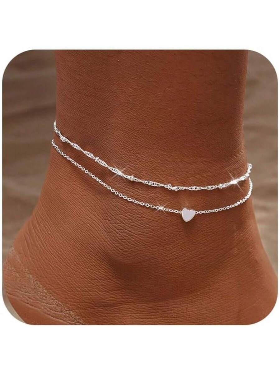 ジュエリー レディース フットアクセサリー 女性用シルバー アンクレット、防水 レイヤード 軽量 リンク フィガロチェーン ハート拍卖