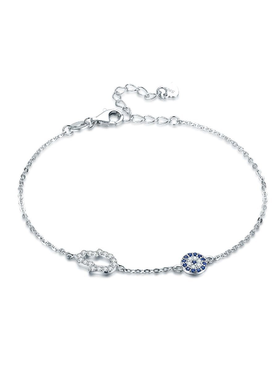 ジュエリー レディース ブレスレット チェーン 1個 925スターリングシルバー ハムサの手 & 青いジルコニア付き悪魔の目チャー拍卖