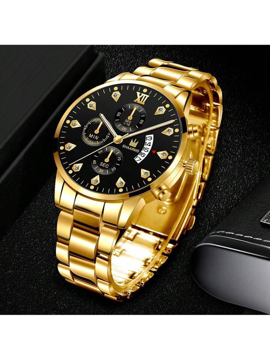 腕時計 メンズ クォーツ メンズ スチールバンド クォーツ腕時計 フェイク3眼 シングルカレンダー ビジネススタイル拍卖