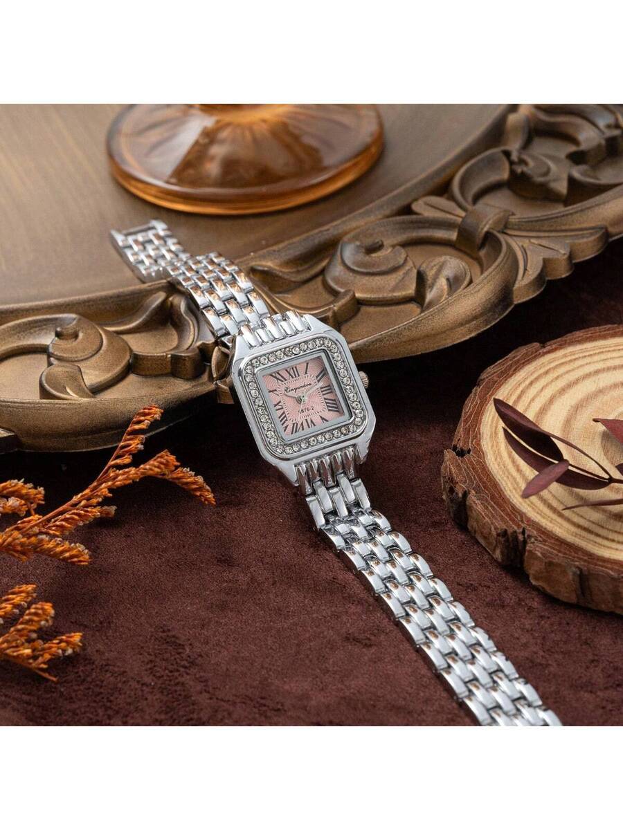 腕時計 レディース クォーツ 女性用ファッショナブルな角型腕時計、ステンレススチールバンドにラインストーン、ライトブルーの小さな文拍卖