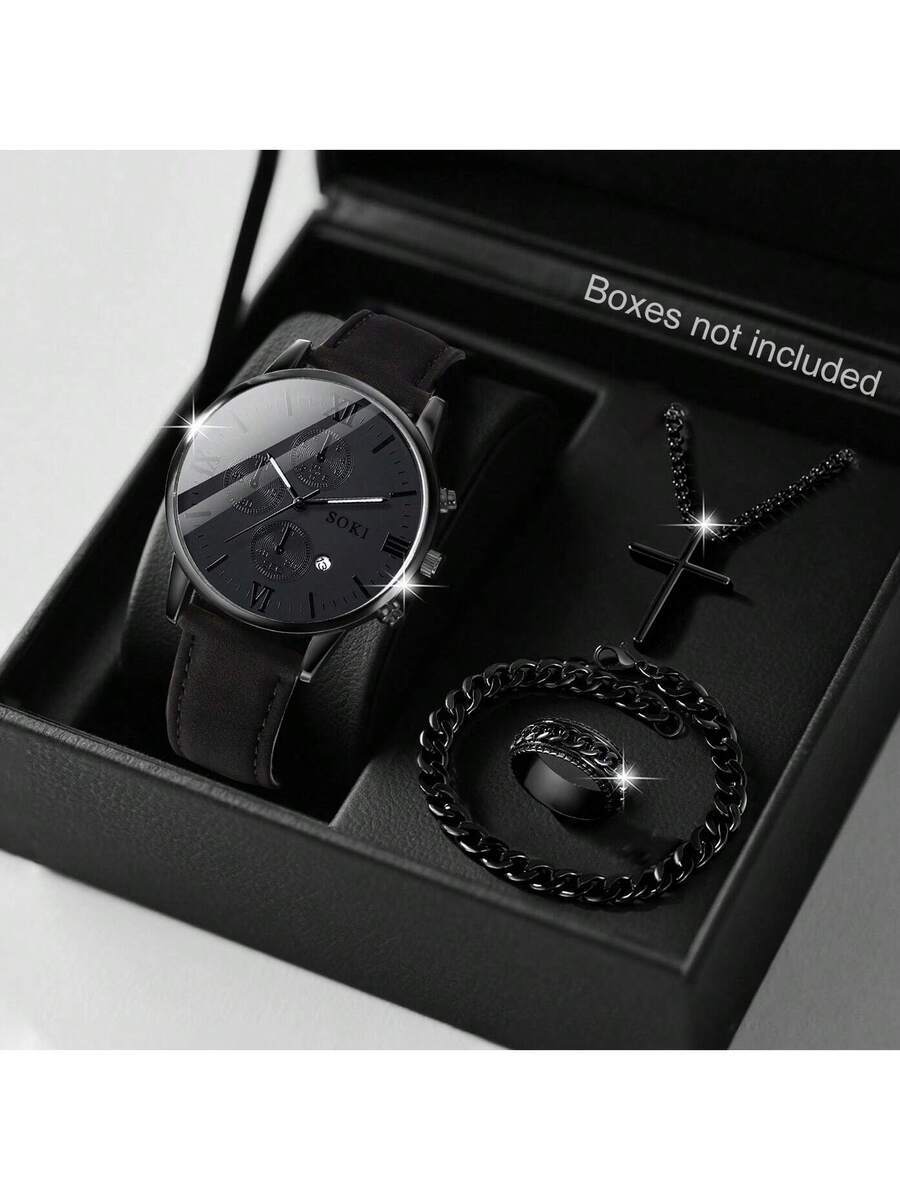 腕時計 メンズ セット ファッショナブルな1セット メンズクォーツ腕時計 カレンダー機能付き ジンクアロイケース&ブレスレット、丸拍卖