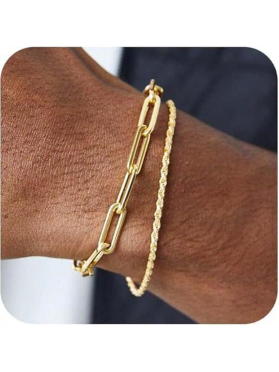 ジュエリー メンズ ブレスレット セット 18Kミニマリストチェーンブレスレットセット2個入り、ファッション シンプル パーソナラ拍卖