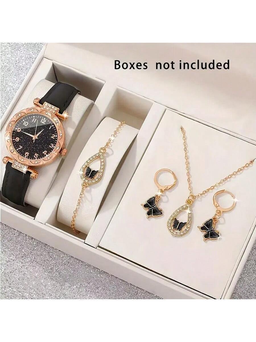 腕時計 レディース セット 5個セット エレガントミニマリストデザイン蝶モチーフ レディース腕時計&ブレスレットセット、PUレザー拍卖