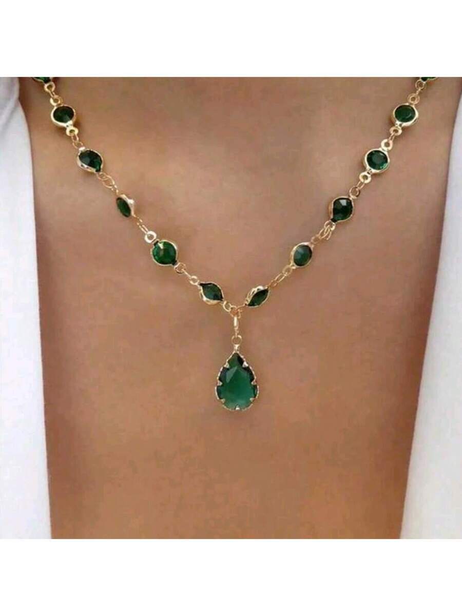 ジュエリー レディース ネックレス ペンダント 1個 ビンテージグリーンラインストーンネックレス - 水滴ペンダントチョーカー、デ拍卖