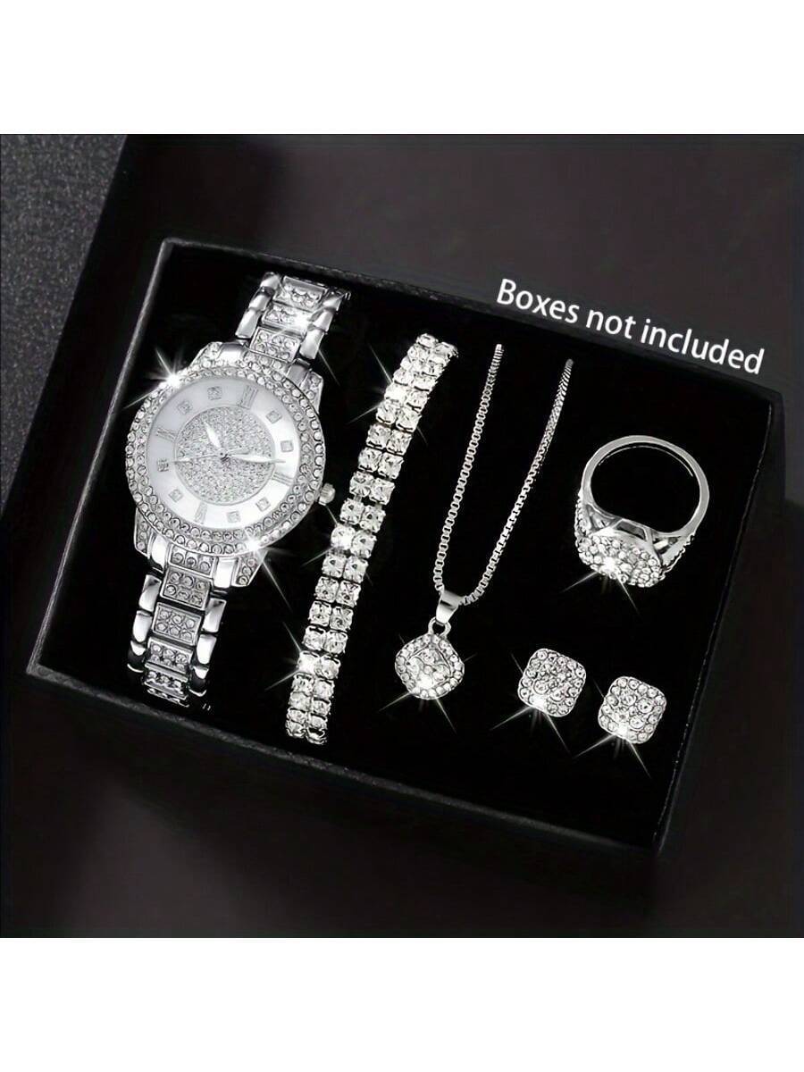 腕時計 レディース セット 7点セット エレガントクォーツ腕時計とアクセサリー - レディース丸型腕時計、ラインストーンネックレス拍卖