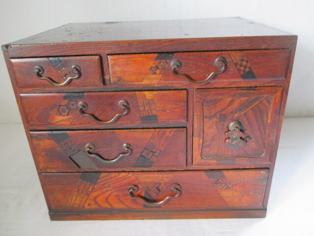 ■TA0406■時代小箪笥/小引き出し/総ケヤキ無垢材/寄木細工/市松模様/高さ30cm拍卖