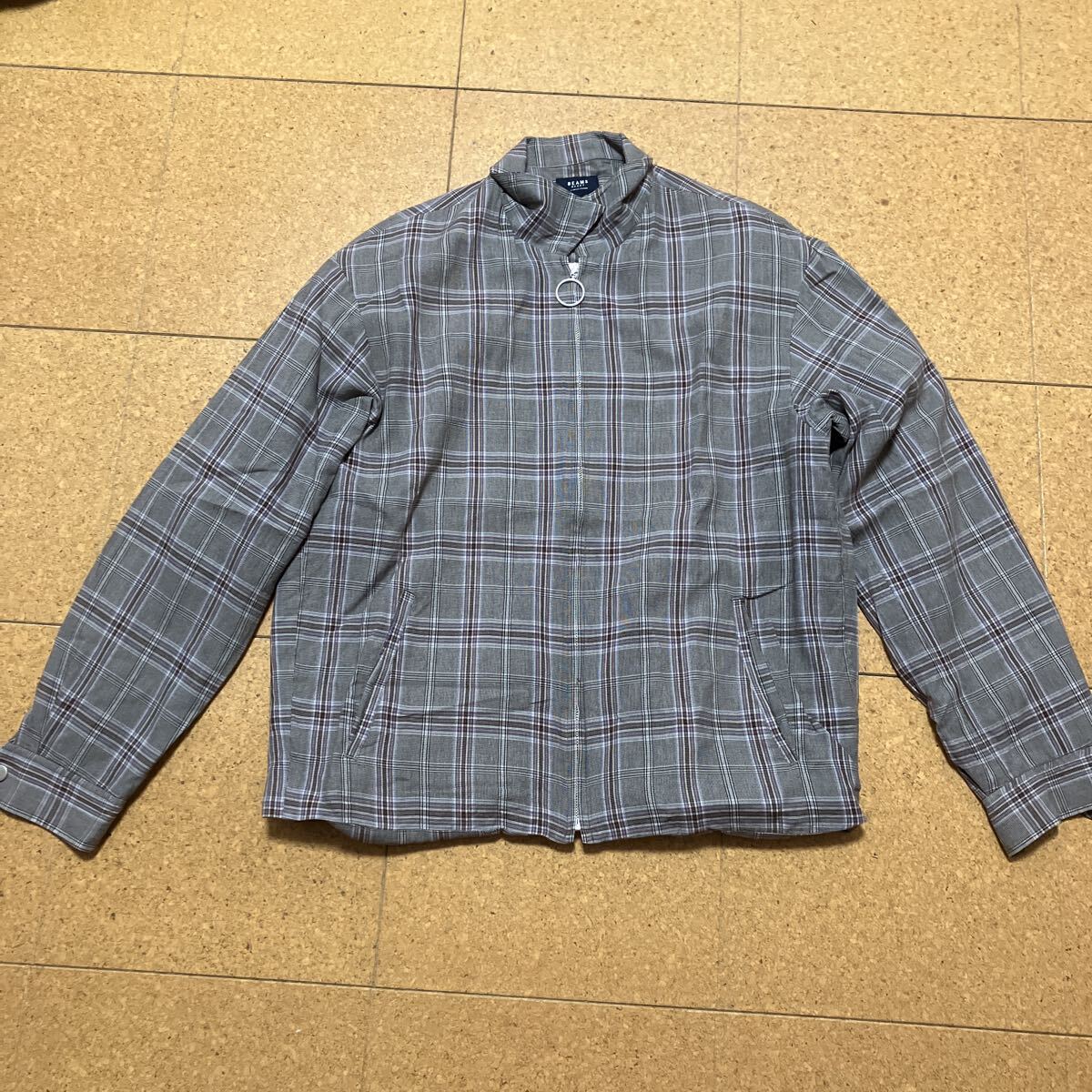 BEAMS HEART L グレー ブルゾン ジャケット 薄手 メンズ 格子柄 ZIP ジップアップ拍卖