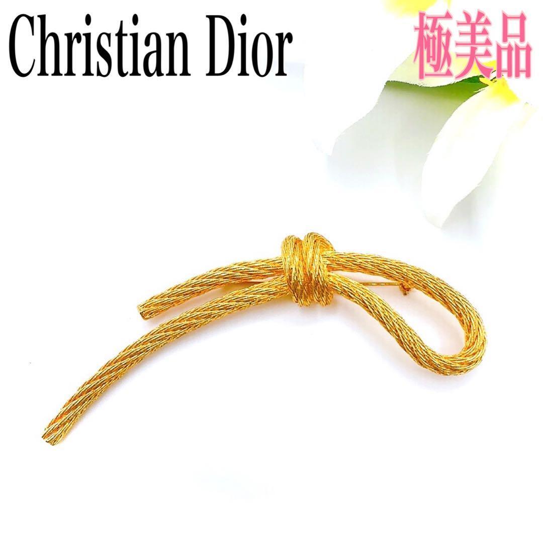 【極美品】Christian Dior クリスチャンディオール ブローチ ピンバッチ リボン ゴールド系 フォーマル 縄 ロープ アクセサリー 刻印拍卖