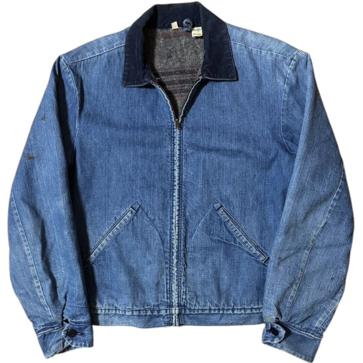 【雰囲気系/サイズ42】60s〜70s初期 Wrangler デニムワークジャケット 裏地ブランケット 棒TALONジップ 襟コーズ 短丈 ブルゾン フェード拍卖