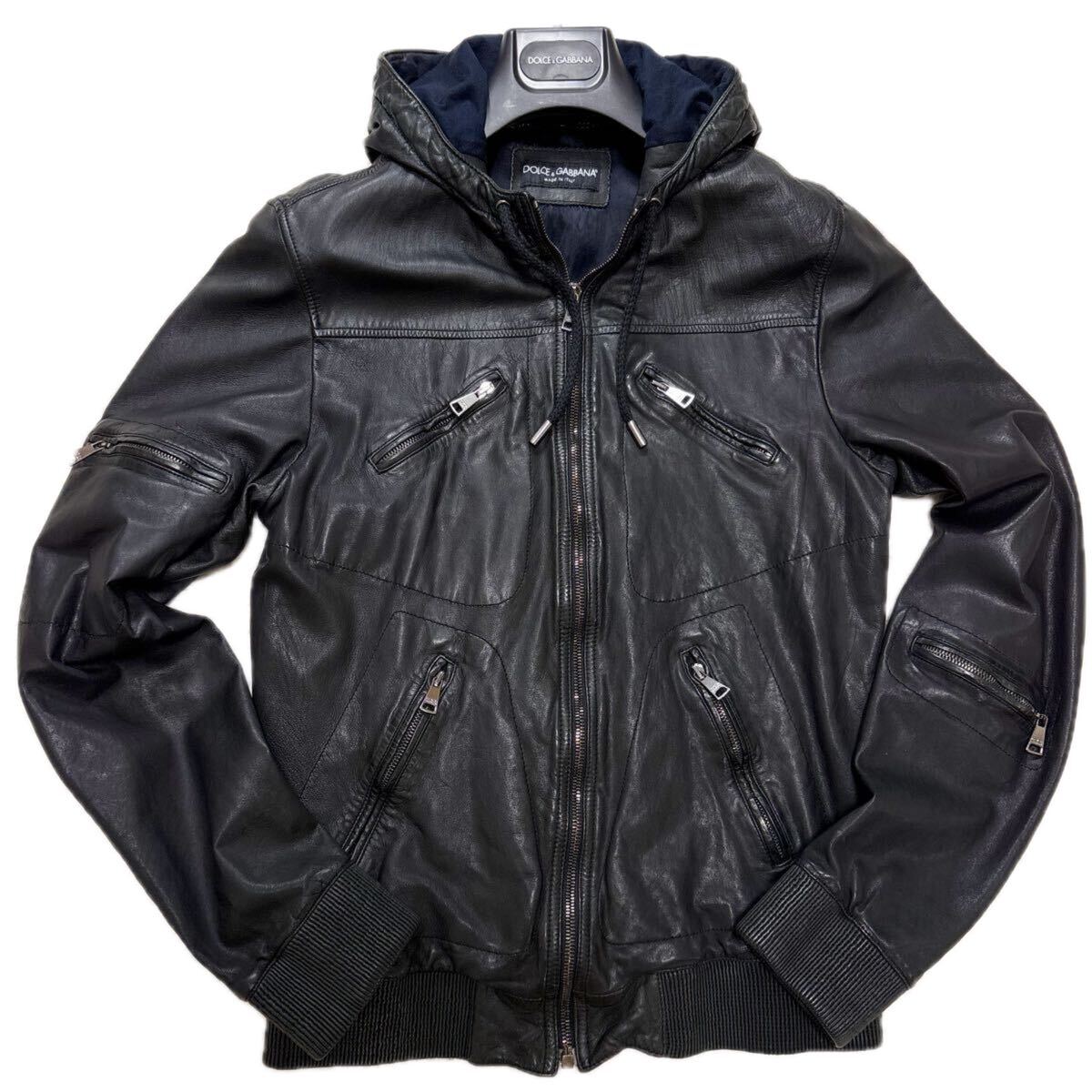希少 XL相当 ドルチェ&ガッバーナ ラムレザー パーカー 八の字ZIP レザージャケット ブルゾン ブラック 羊革 ドルガバ 50 DOLCE&GABBANA拍卖