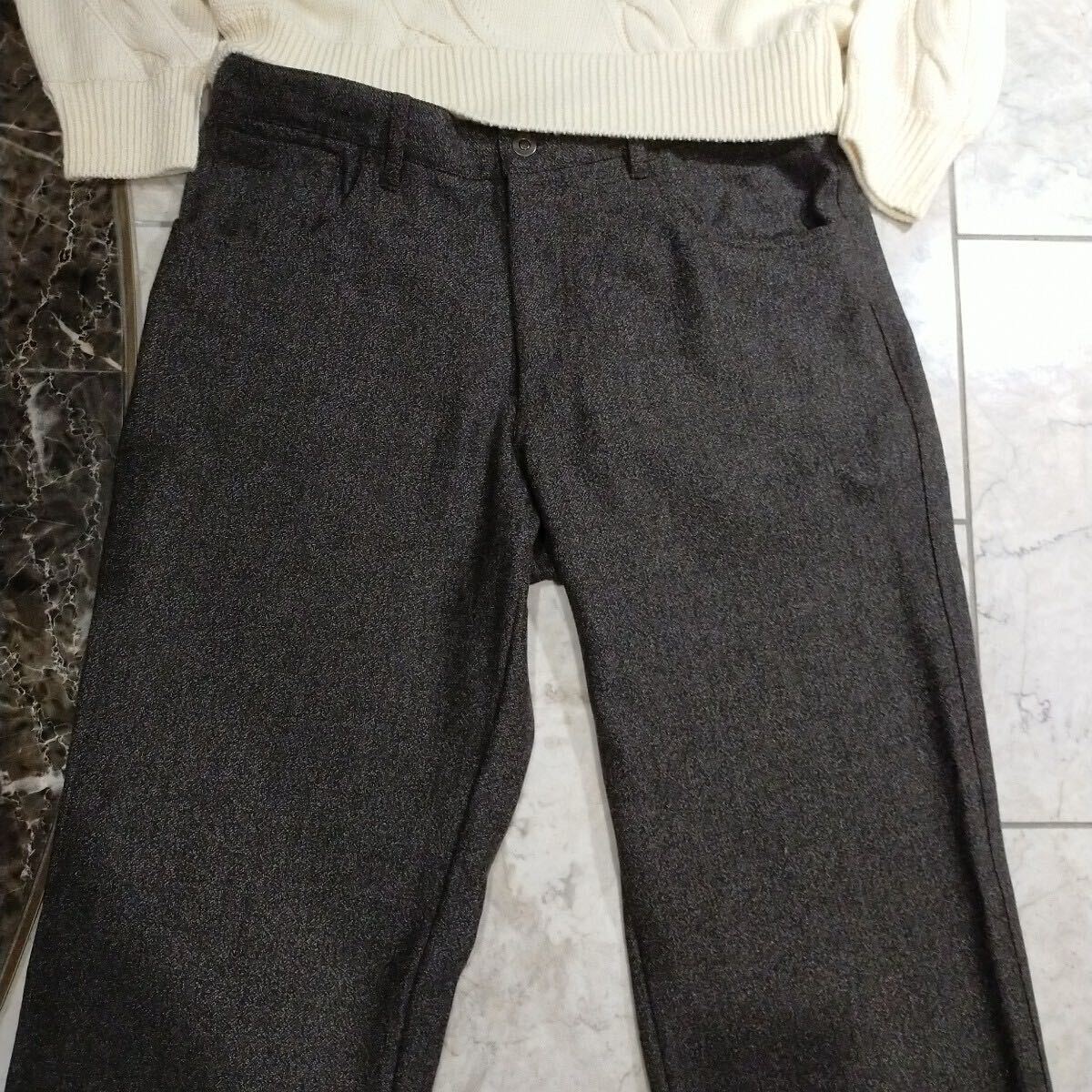 極美品 ARMANI COLLEZIONI ソフトツイードノータックセミワイドパンツ ウール/ポリエステル 霜降りブラウン系 サイズ50(L相当)拍卖