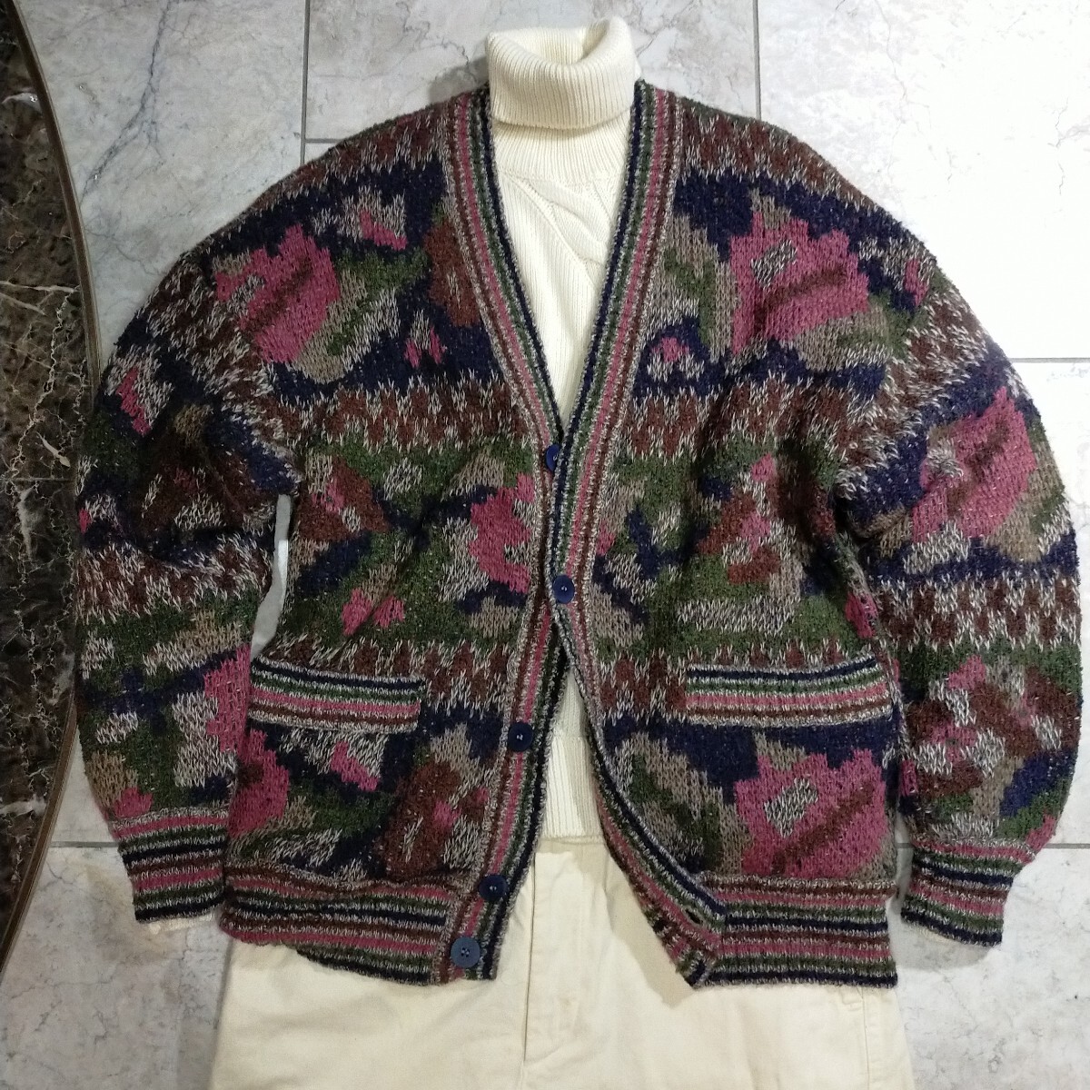 極美品 MISSONI ファーストライン オーバーサイズ 総柄ロングカーディガン マルチカラー ウール/アルパカ/モヘア サイズ48(XL相当) 伊製拍卖