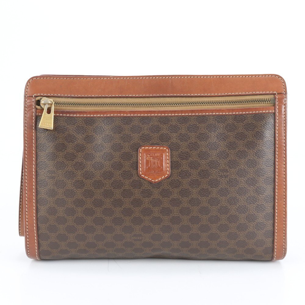 1円■美品■ヴィンテージ■セリーヌ■マカダム レザー セカンドバッグ クラッチ ポーチ 通勤 ビジネス ブラウン 茶色 メンズ ERE CW6-5拍卖