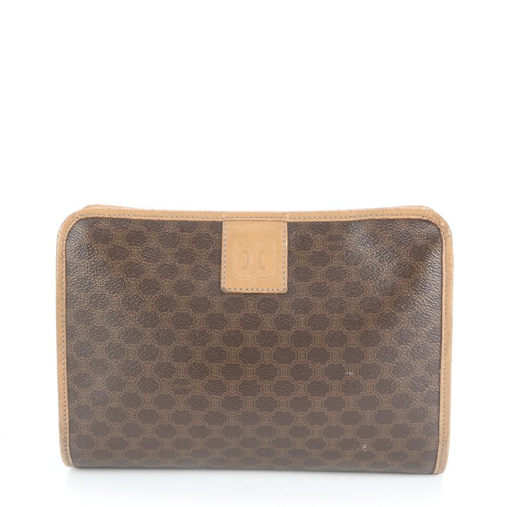 1円■美品■ヴィンテージ■セリーヌ■マカダム レザー クラッチ バッグ ハンド セカンド ポーチ トート ブラウン レディース ERE CW24-7拍卖