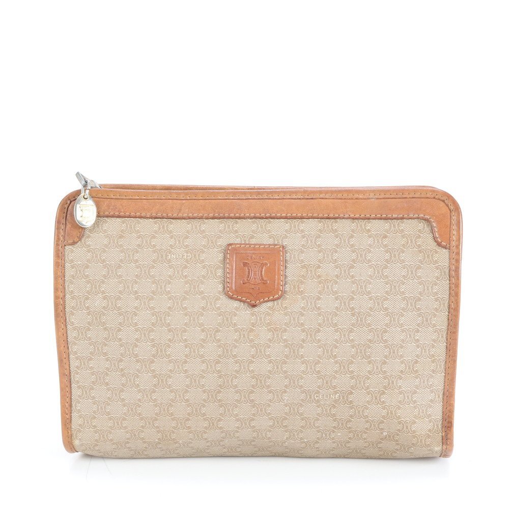 1円■ヴィンテージ セリーヌ マカダム レザー セカンドバッグ クラッチ ポーチ 通勤 ビジネス ブラウン 茶色 トリオンフ メンズ ERE CW32-6拍卖