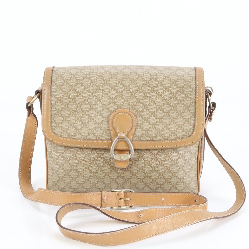 1円■ヴィンテージ■セリーヌ■マカダム レザー ショルダーバッグ 斜め掛け クロスボディ ベージュ ゴールド 金具 レディース EUE CW45-1拍卖