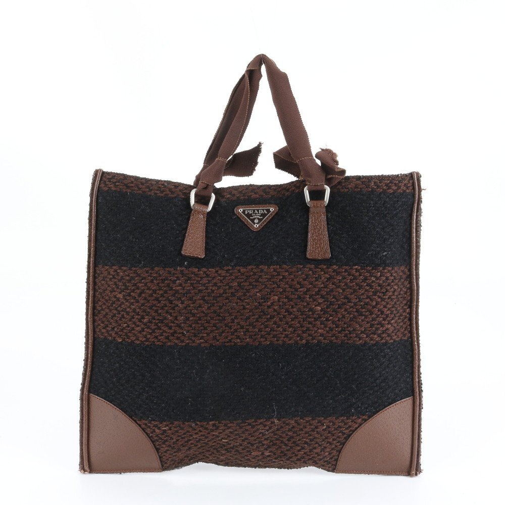 1円■極美品■プラダ 三角 トライアングル ロゴ ツイード レザー トート バッグ 肩掛け ショルダー ハンド ブラウン レディース ERE CX12-4拍卖