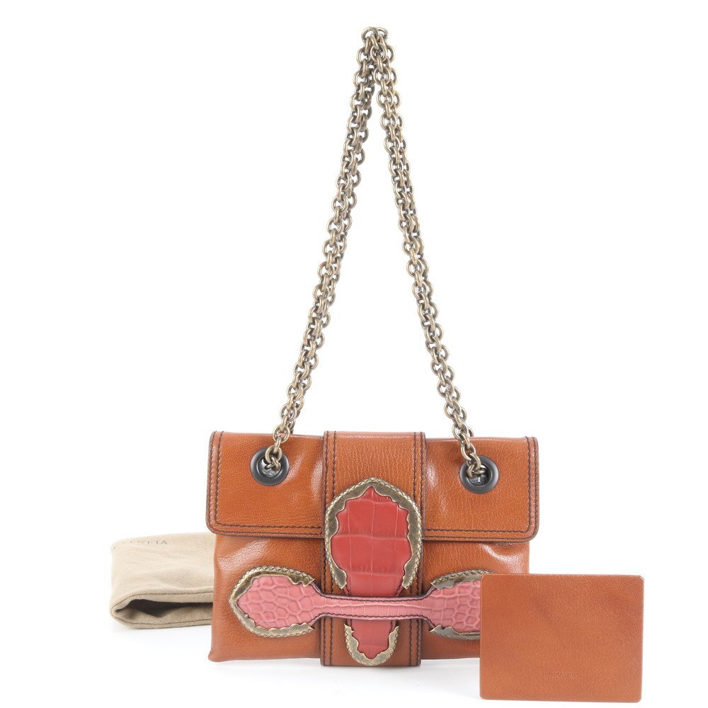 1円■極美品■ボッテガヴェネタ クロコダイル エンボス レザー 2WAY チェーン ショルダーバッグ 肩掛け トート 本革 レディース ERE CX8-10拍卖