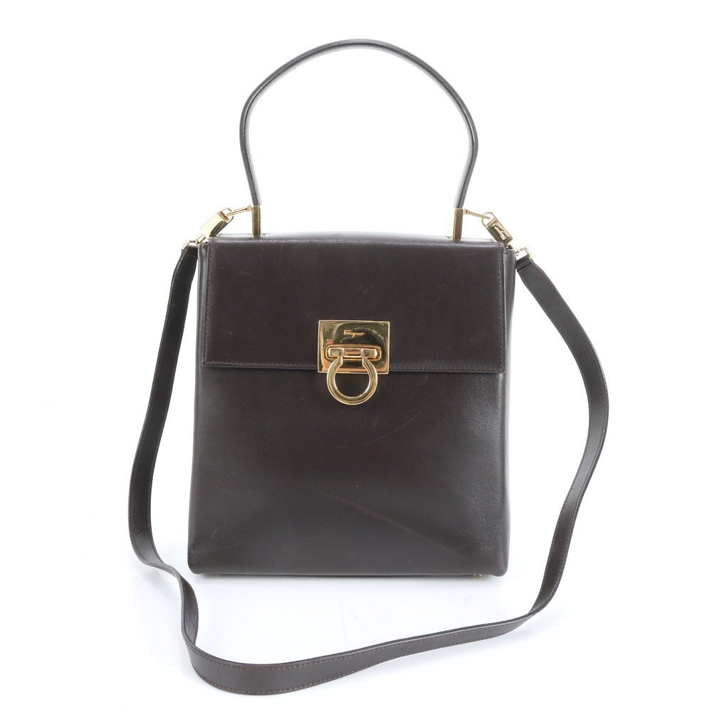 1円■極美品■サルヴァトーレフェラガモ ガンチーニ レザー 2WAY ショルダーバッグ 斜め掛け ハンド トップハンドル レディース ERE CX17-2拍卖
