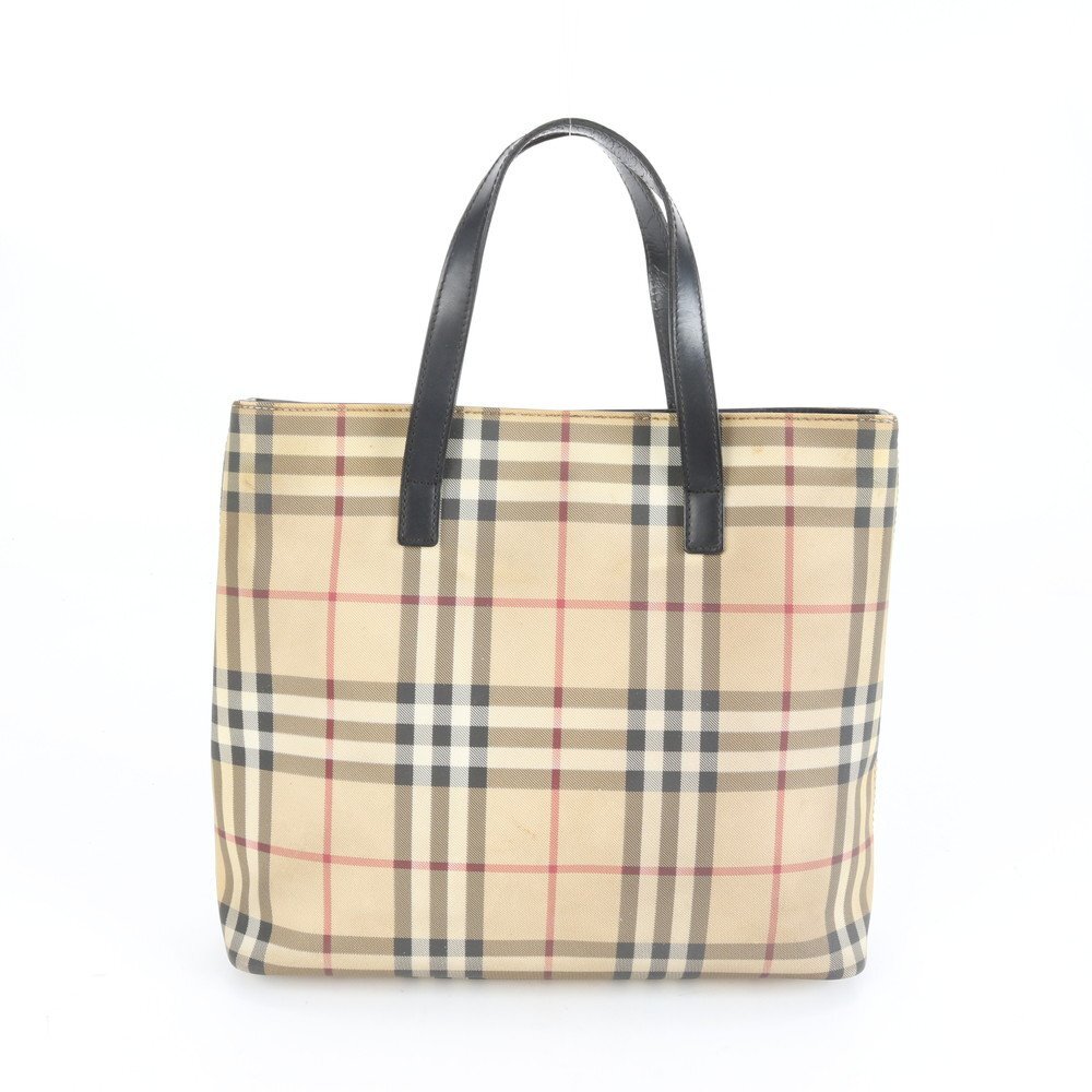 1円■極美品■バーバリー■ノバ チェック レザー スクエア トート バッグ 肩掛け ショルダー ハンド ベージュ 黒 レディース ERE CX19-6拍卖