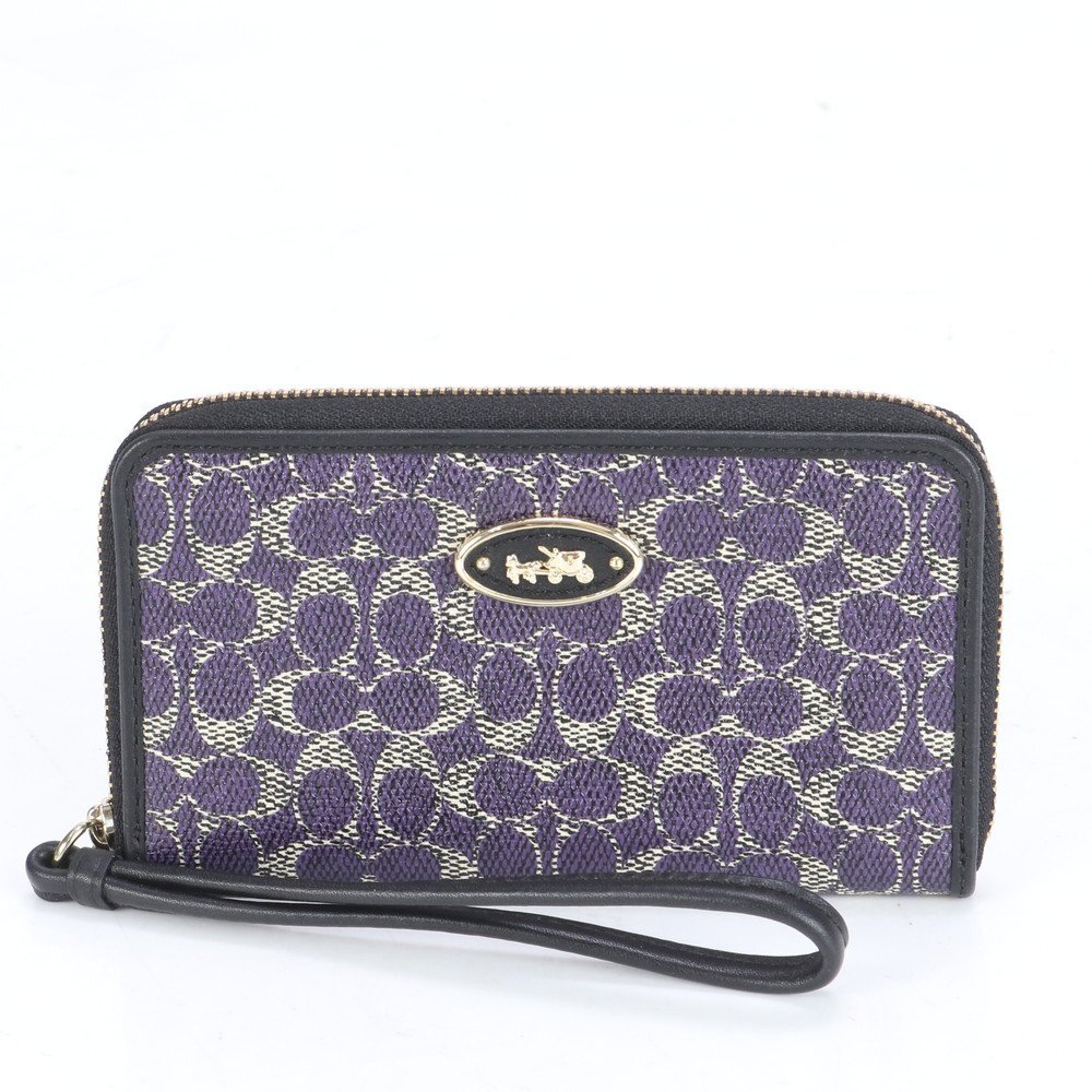 1円 美品 コーチ シグネチャー ストラップ付 レザー 長財布 ロング ウォレット ラウンドファスナー 63186B 二つ折り レディース RBE CJ11-4拍卖