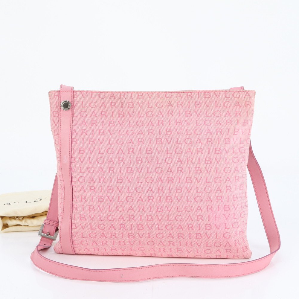 1円■美品■ブルガリ■ロゴマニア レザー キャンバス ショルダーバッグ 斜め掛け クロスボディ ハンド トート ピンク レディース ERE CS4-9拍卖