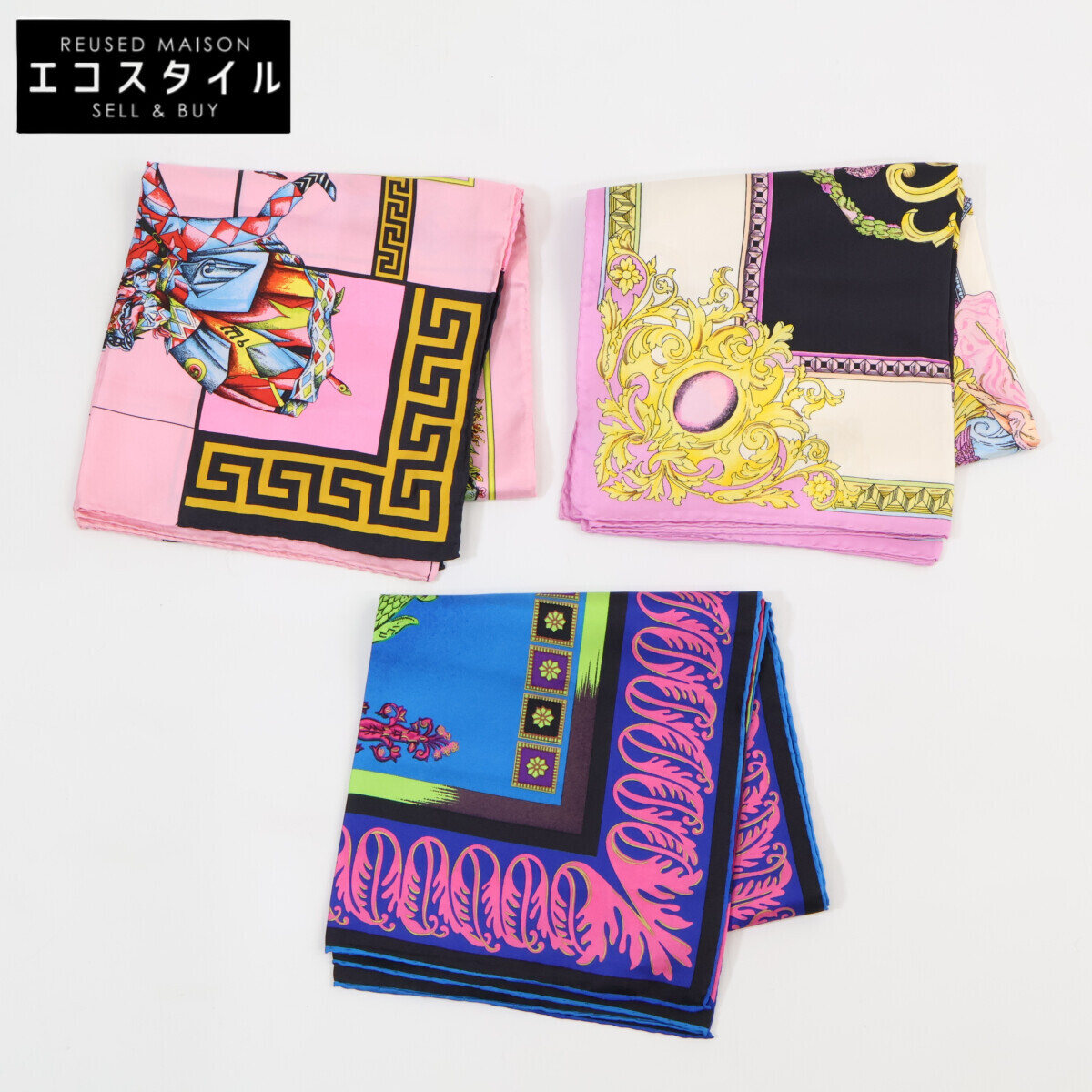 【美品】GIANNI VERSACE ジャンニ ヴェルサーチ /ATELIER VERSACE アトリエ ヴェルサーチ 総柄 シルク100% スカーフ 計3点拍卖