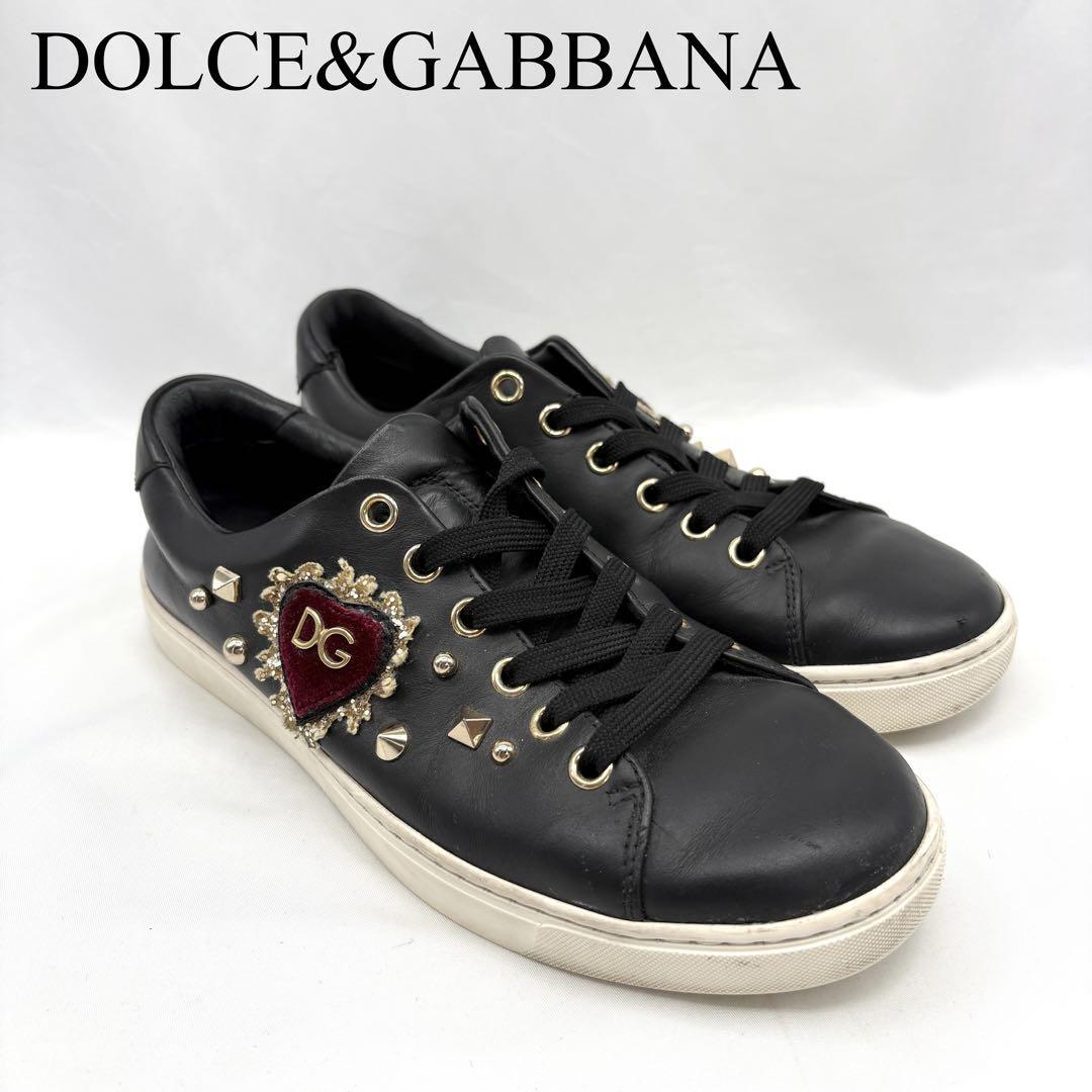 DOLCE&GABBANA ドルチェ&ガッバーナ ドルガバ レザー スニーカー スタッズ ハート 刺繍 ブラック 36 1/2拍卖
