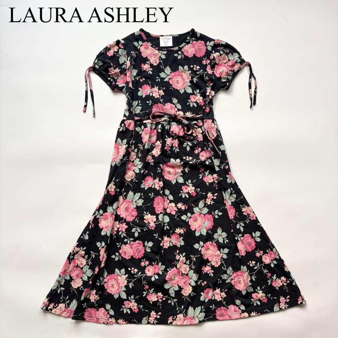 LAURA ASHLEY ローラアシュレイ バラ ローズ 薔薇 リボン ワンピース フレア ドレス フラワー 花柄 総柄 Aライン拍卖