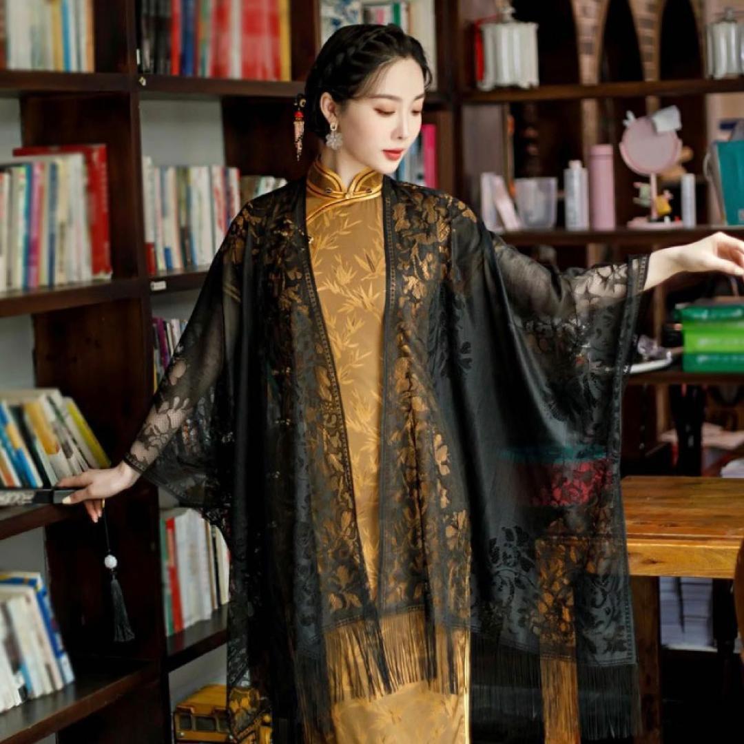 【ブラック】レースショール フリンジ付き レース長羽織 ボレロ レディース拍卖