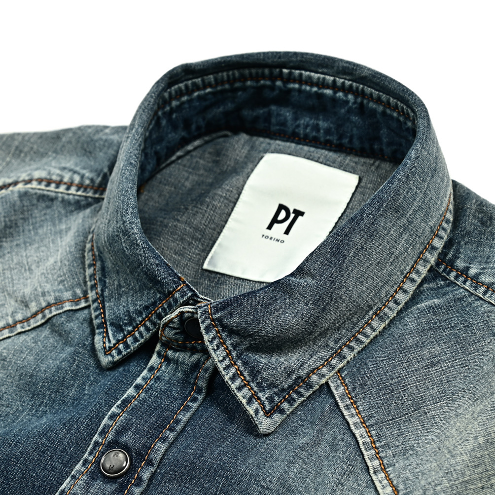 新着 新品 ピーティートリノ PT TORINO デニムシャツ ウェスタンシャツ ショートポイントカラー ウォッシュ加工 ブルー 412709-40拍卖