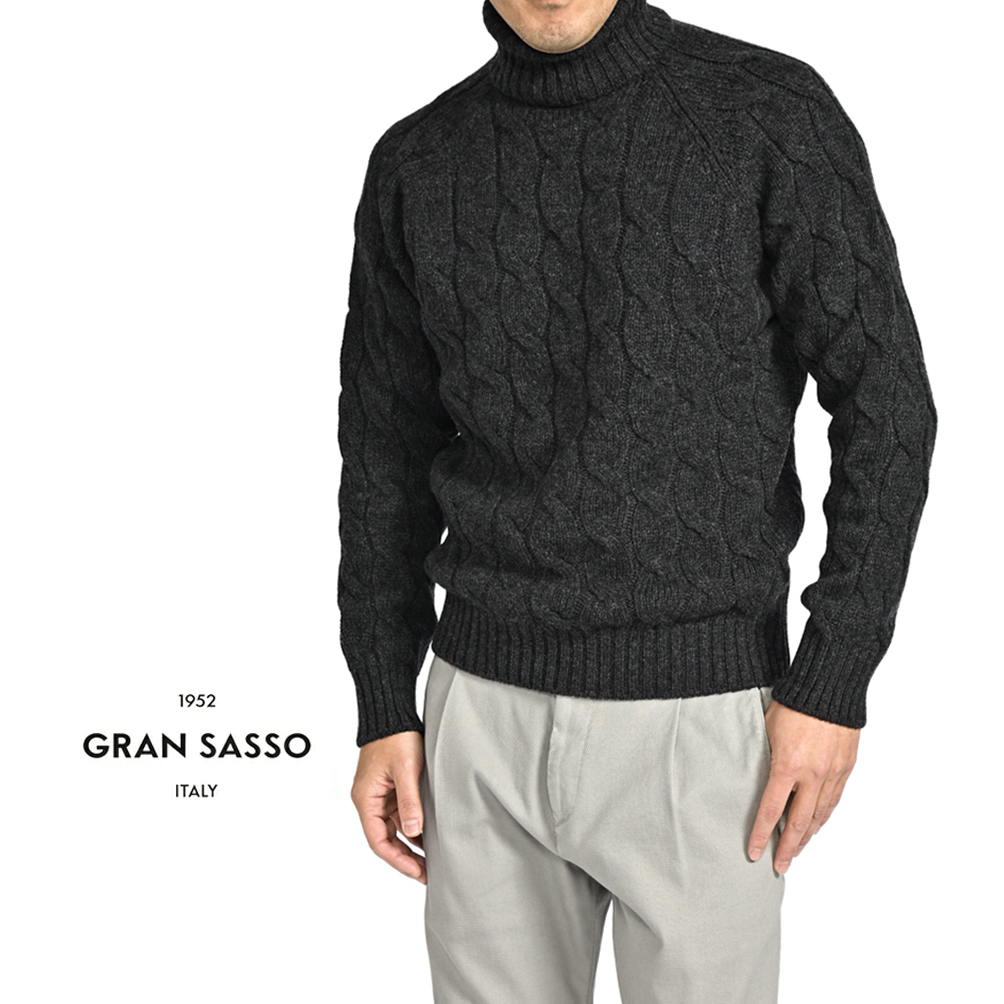 秋冬新入荷 新品 グランサッソ GRAN SASSO ケーブル編み ニットセーター タートルネック 長袖 ヴァージンウール グレー 414063-52拍卖