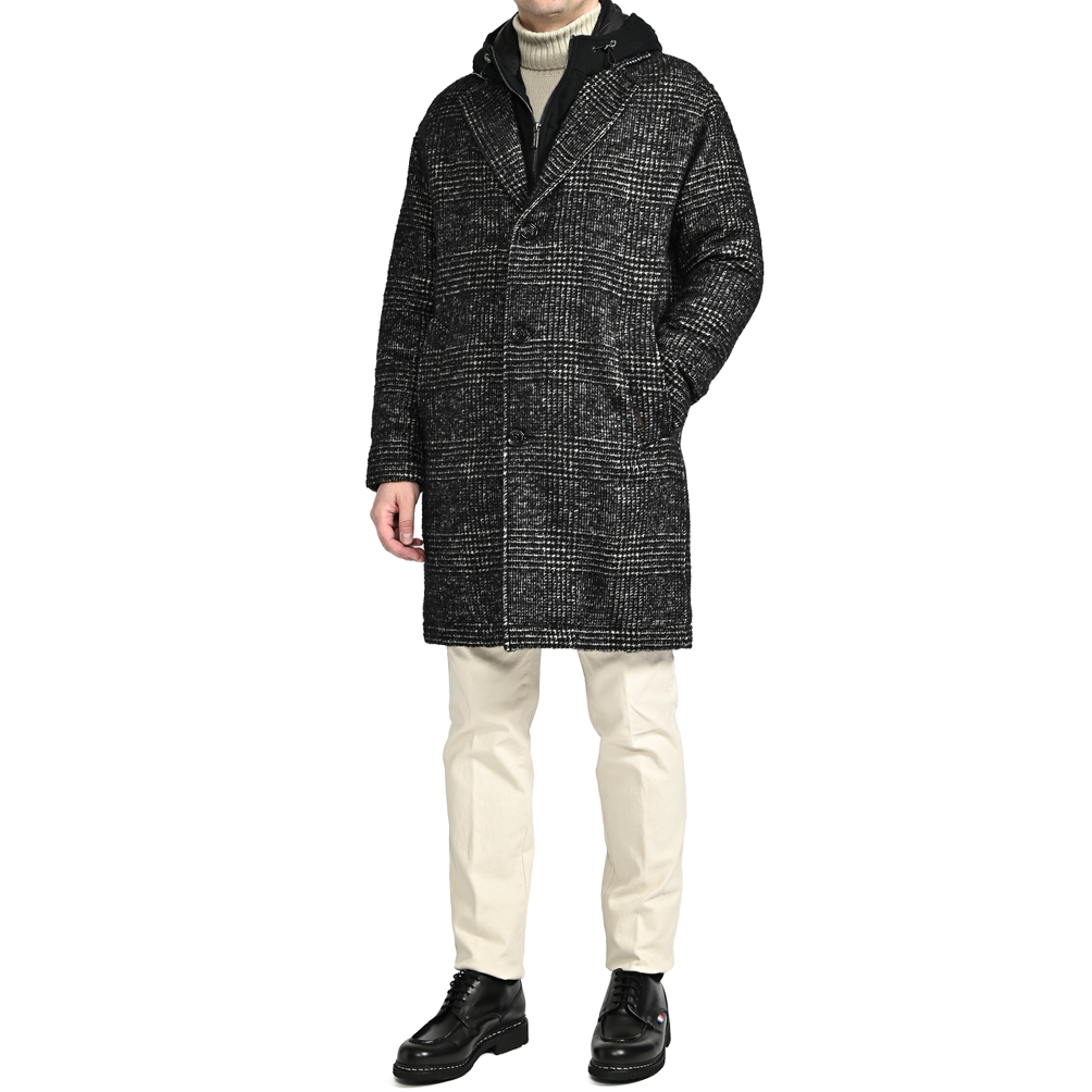 早得 新着 新品 ムーレー MOORER PINTONI-GEL ダウンチェスターコート 着脱可能フード 秋冬 アウター グレンチェック ブラック 417811-48拍卖