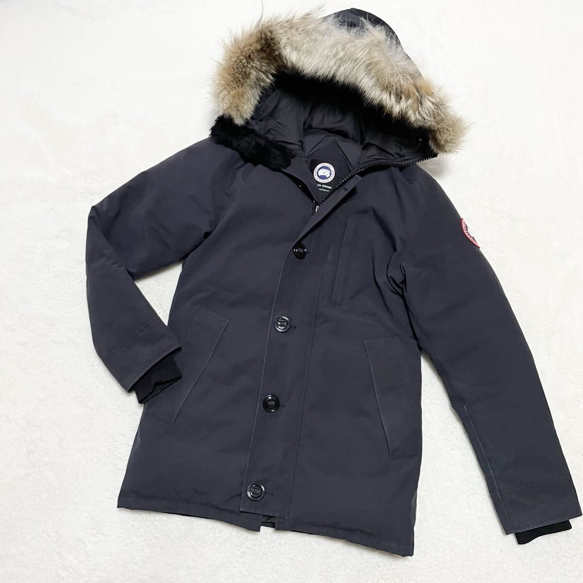 【1円〜】 美品 CANADA GOOSE JASPER カナダグース ジャスパー ネイビー 3438JM ロゴワッペン 正規品 激レア XS 大人気 コヨーテ ファー付拍卖