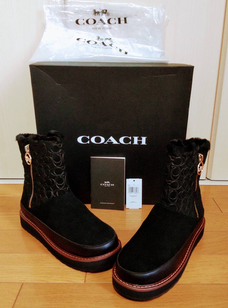 未使用即決 コーチ COACH ショートブーツ ボアブーツ 7C/24cm シグネチャー ブラック黒 定価61,600円拍卖
