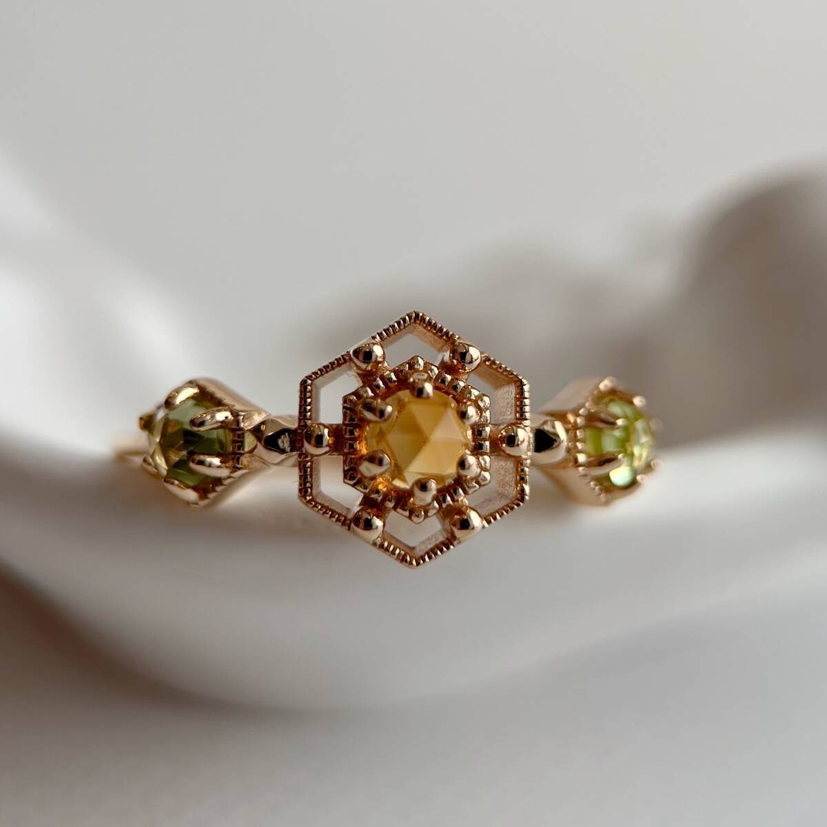 17号弱 天然シトリン&ペリドット ローズリング silver925拍卖