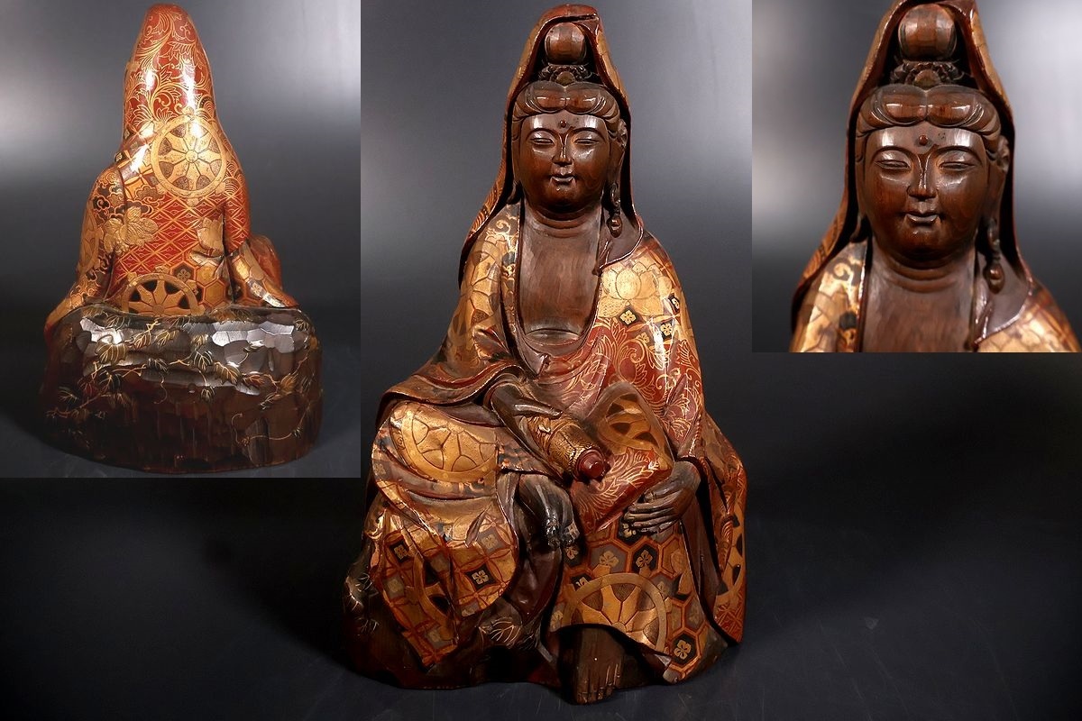 【小】5356 江戸期木彫 一刀彫金蒔絵観音像 観音座像 時代蒔絵 木彫刻 仏像 仏教美術拍卖