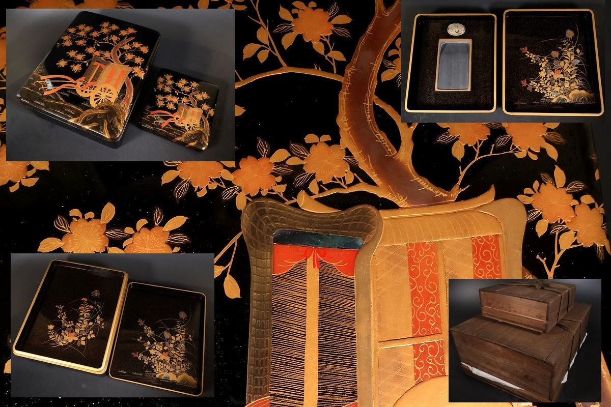 【小】5341K 時代蒔絵 時代金蒔絵御所車文文庫硯箱 文庫硯セット 内金梨地 時代箱有 書道具 江戸後期~明治時代 拍卖