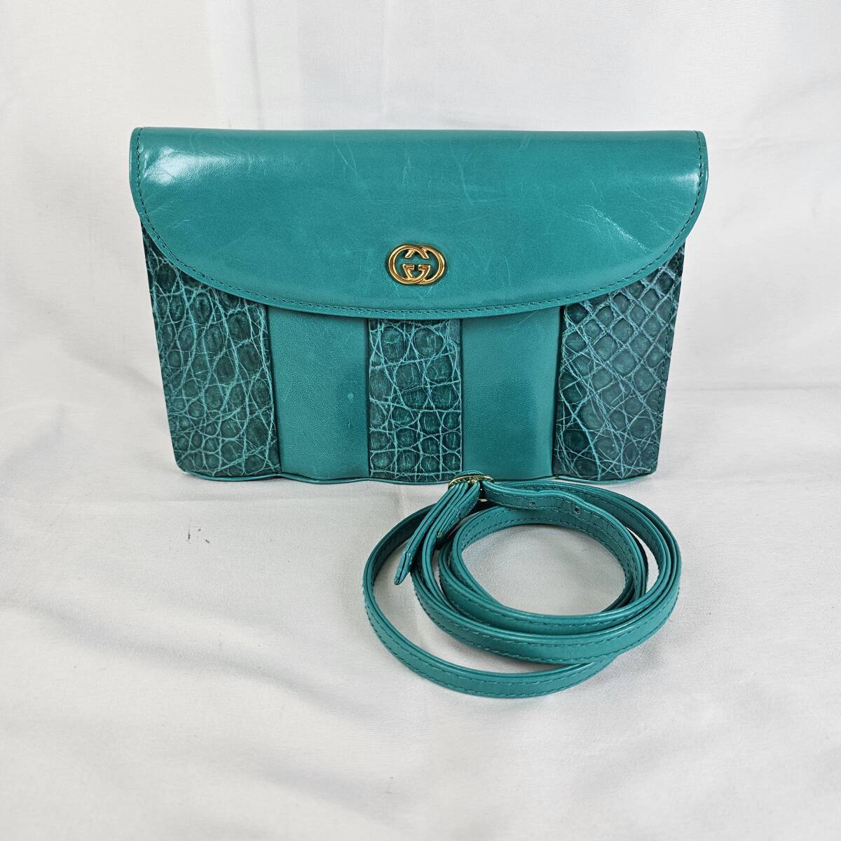 【希少】 GUCCI ショルダーバッグ ヴィンテージ GG クロコ型押 グリーン拍卖