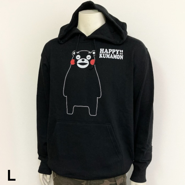 即決新品 メンズ くまモン 裏起毛 パーカー ブラック L 送料無料 バッグプリントあり 拍卖