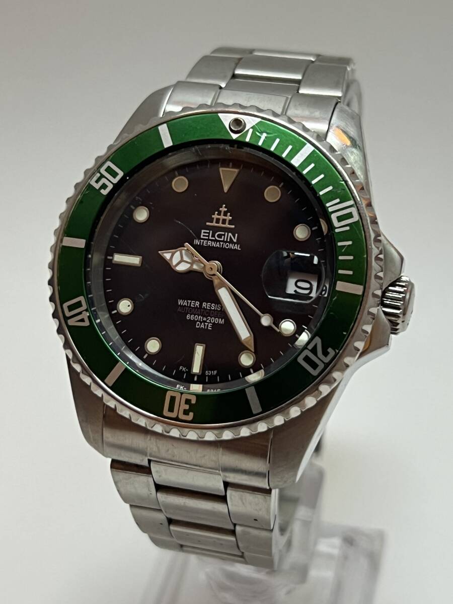 動作 ELGIN エルジン FK-531-F グリーン メンズ 腕時計 デイト 自動巻 オートマチック拍卖