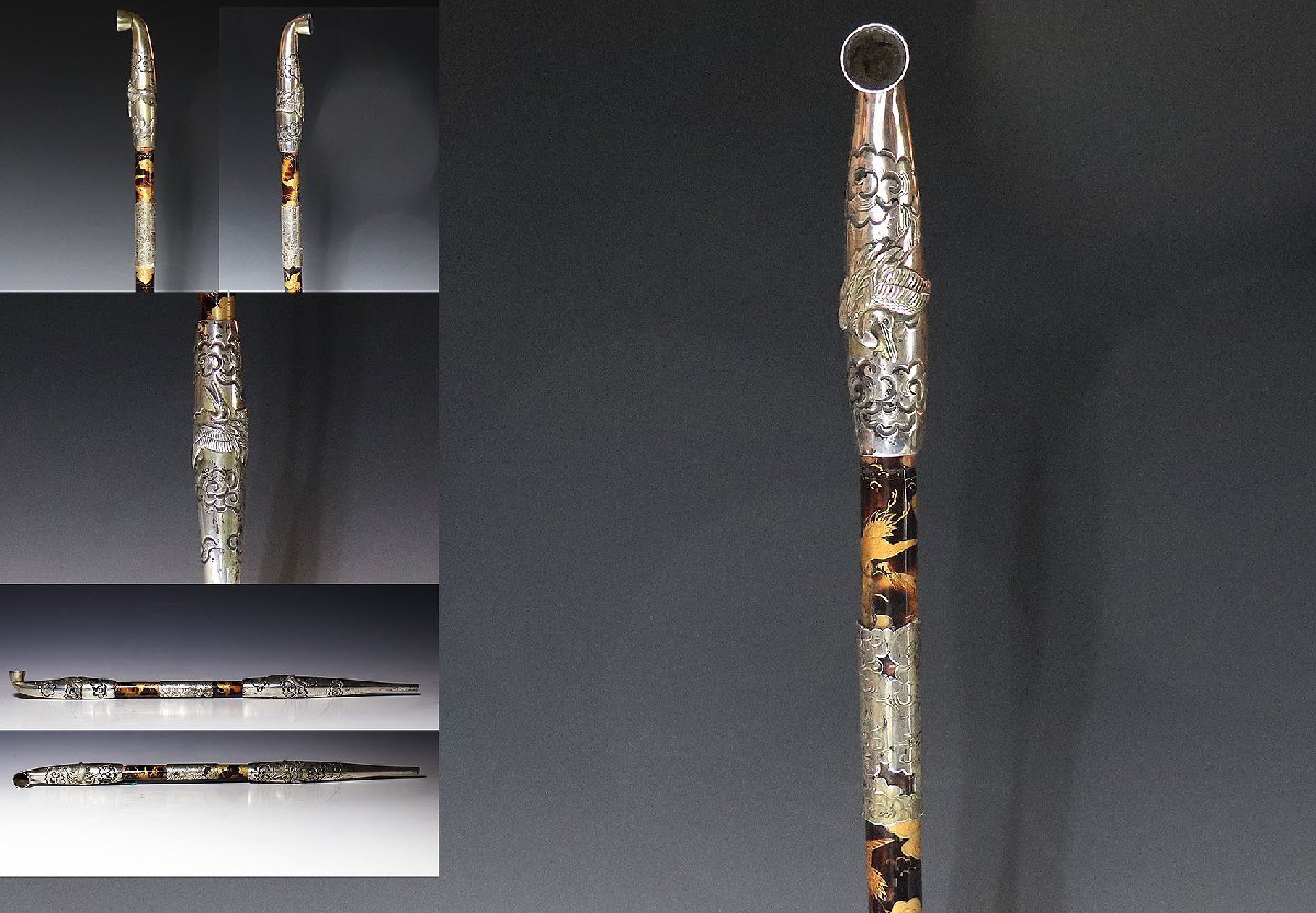 【桃】提げ物:金工純銀陽刻雲鶴図蒔絵羅宇煙管拍卖