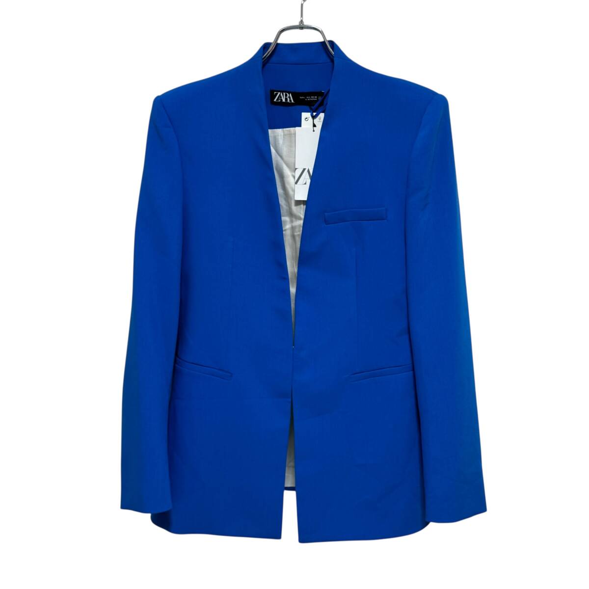 ZARA ザラ ノーカラー パワーショルダー ジャケット L 青 レディース 肩パッド 25-1028拍卖