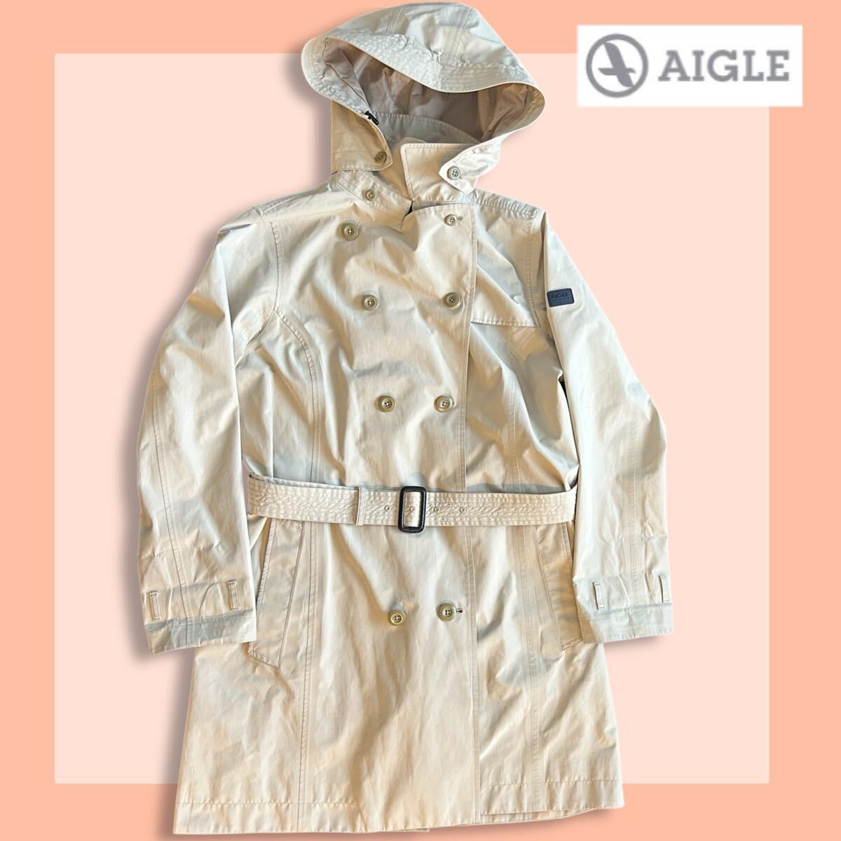 R■ AIGLE エーグル レディース トレンチコート サイズ40 ベージュ GORE-TEX ポリエステル100% 秋冬物 フード 内ポケット ベルト拍卖